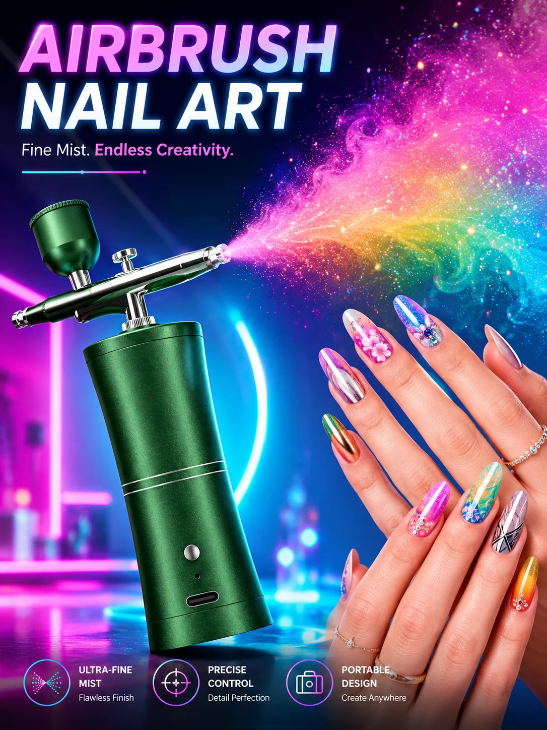 

Nail Art Airbrush Kit Cordless Rechargeable Portable Airbrush Pen for Ombre Gradient Nails, Home Salon Manicure Tool