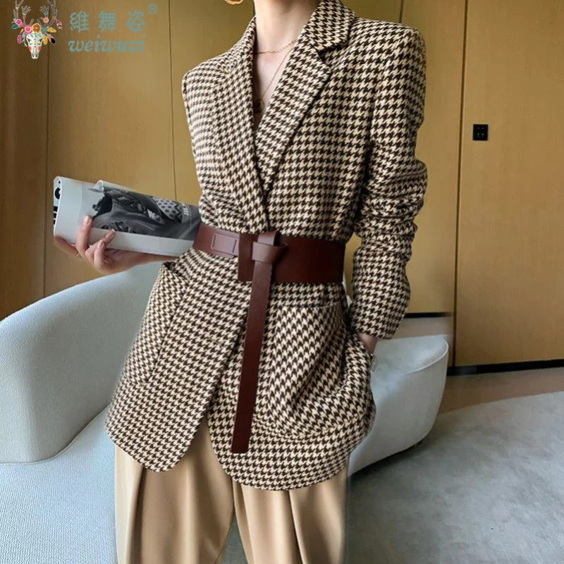 

Elegant Houndstooth Women Jacket Winter Thick Warm Blazer Plaid Office Lady Suit Jacket with Belt Quality LongSleeve Causal Coat