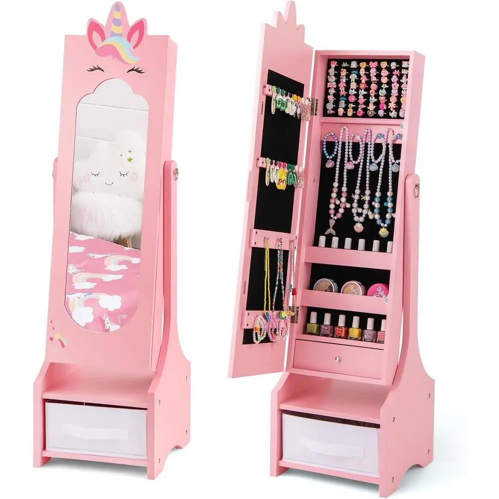 

Pink Children's Vanity Cabinet with Full-Length Mirror and Storage Drawers