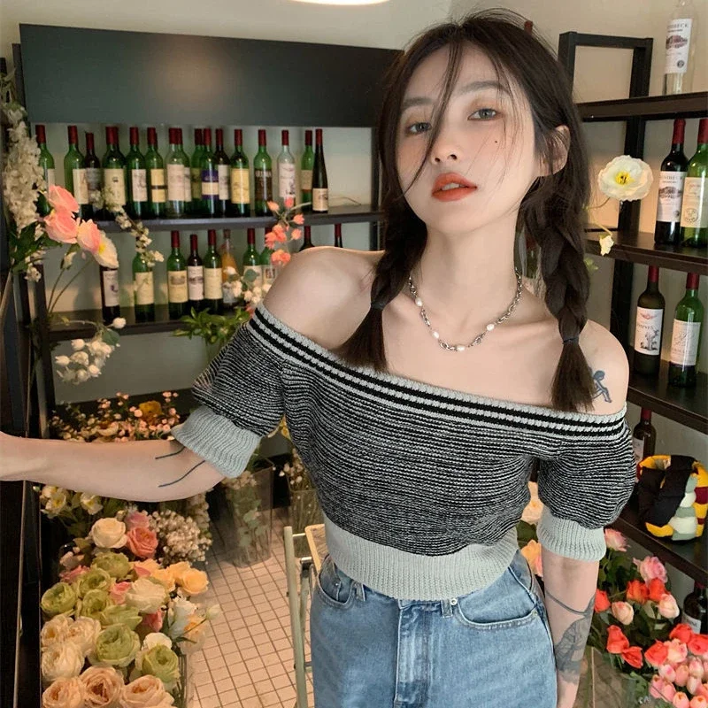 

Женские пуловеры со вставками в стиле ретро, летние, уютные, с пышными рукавами, модные, мягкие, элегантные, повседневные, Hotsweet Mujer, укороченный трикотаж, классический свитер