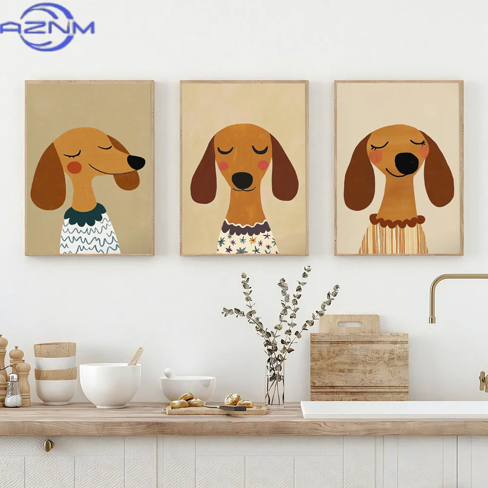 AZNM Minimalist Dog Aesthetics Poster Dachshund Bagel Hound Whippet Poodle Modern Pet Portrait Illustration Home Animal Decorati