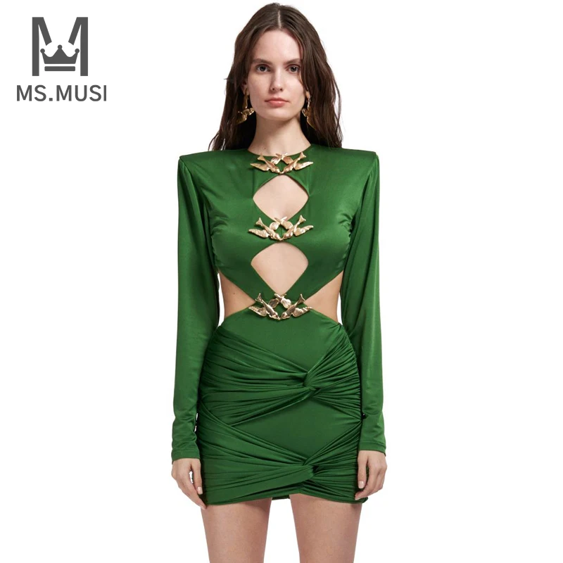 MSMUSI 2025 New Fashion Women Sexy Bird Decorate Hollow Out Draped Fold Sleeveless Backless Bodycon Party Club Event Mini Dress