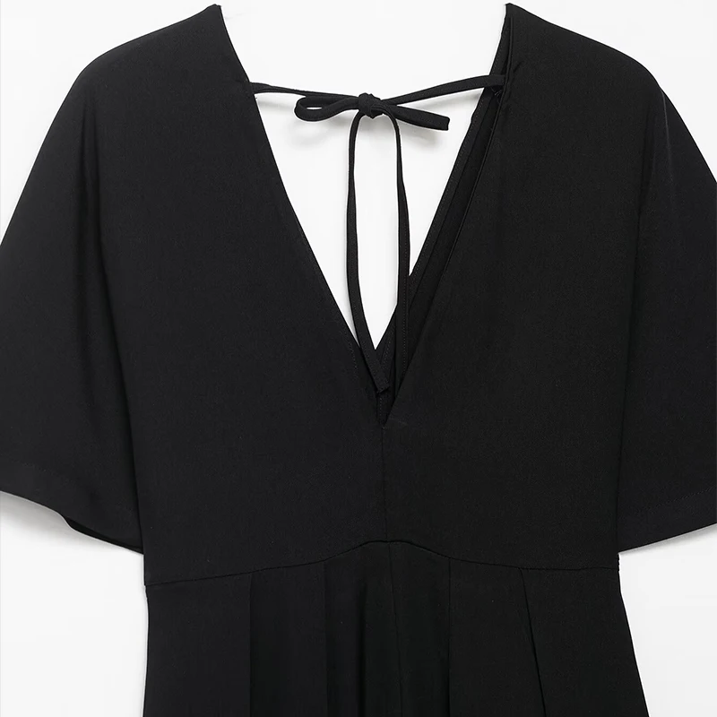 فستان Willshela للسيدات ذو ثنيات سوداء وأربطة متوسطة الطول عتيق ورقبة على شكل حرف V وأكمام قصيرة فساتين نسائية أنيقة #6