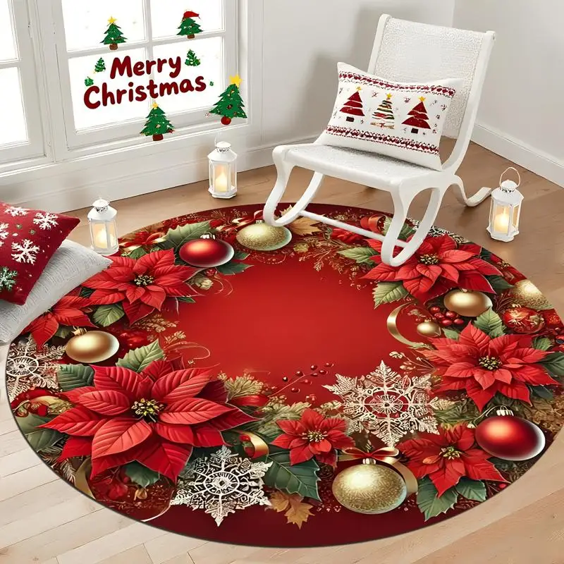 One Christmas Poinsettia And Snowflake Patterned Round Rug Inches Thick Made of Flannel Material, Perfect for Living Rooms, Balconies, Patios, And Home Decor, with a Soft Texture, Living Room Rug, Christmas Decoration