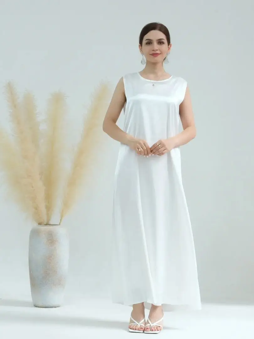 Dubai Abaya White Black Satin Modest African Dresses For Women Islam Clothing Muslim Inside Dress Robe Musulmane Femme Vestidos