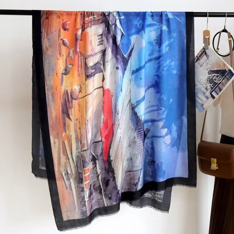 

High-end Elegant Women Exquisite Country Cottage Oil Painting Quality Water Soluble Wool Handmade Fringe Soft Warm Long Scarf