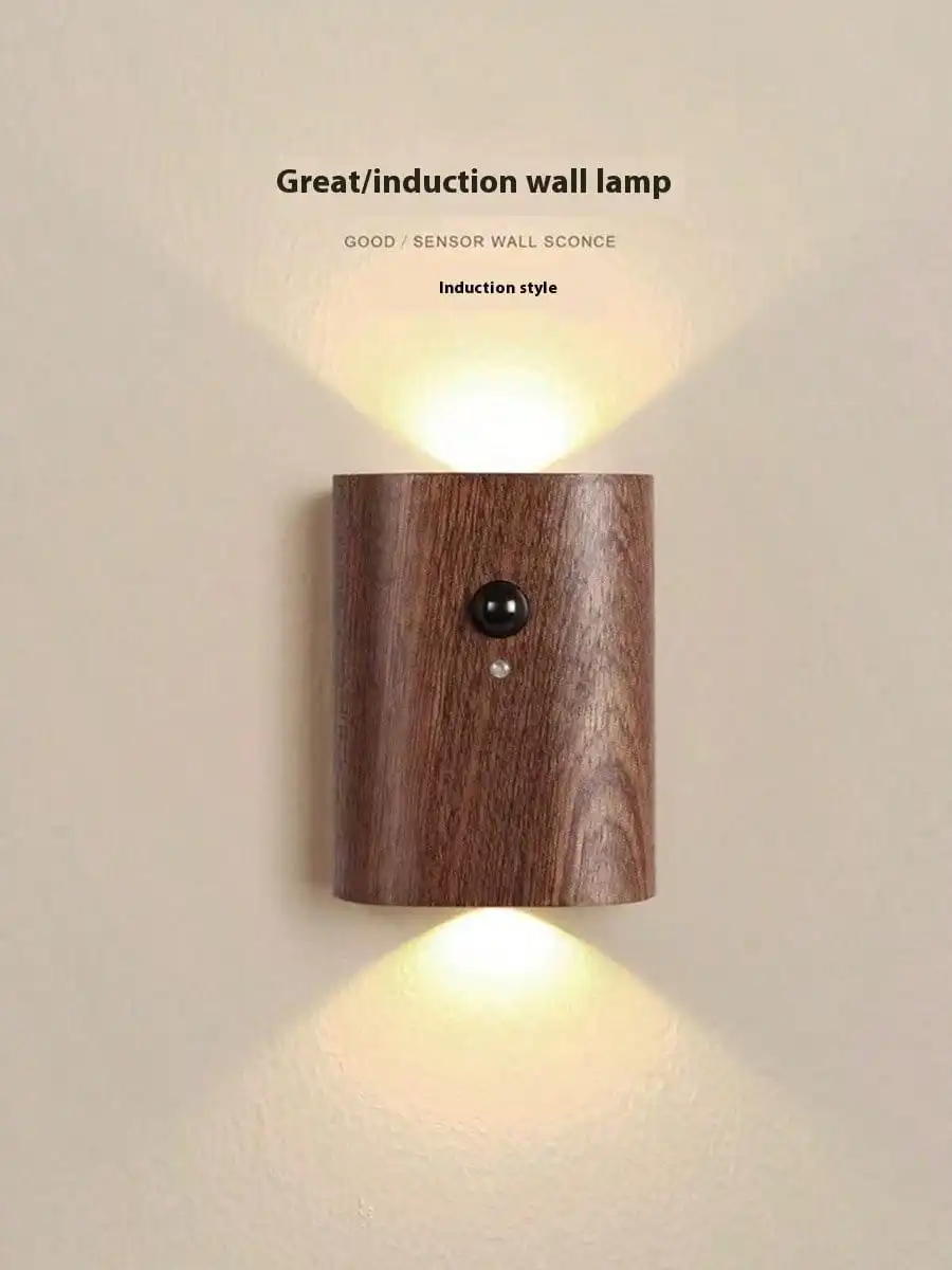 قطعة واحدة من ضوء LED بمستشعر بشري من الخشب الحبوب: قابل لإعادة الشحن عبر USB، مغناطيسي، ديكور - استخدام منزلي متعدد الغرف