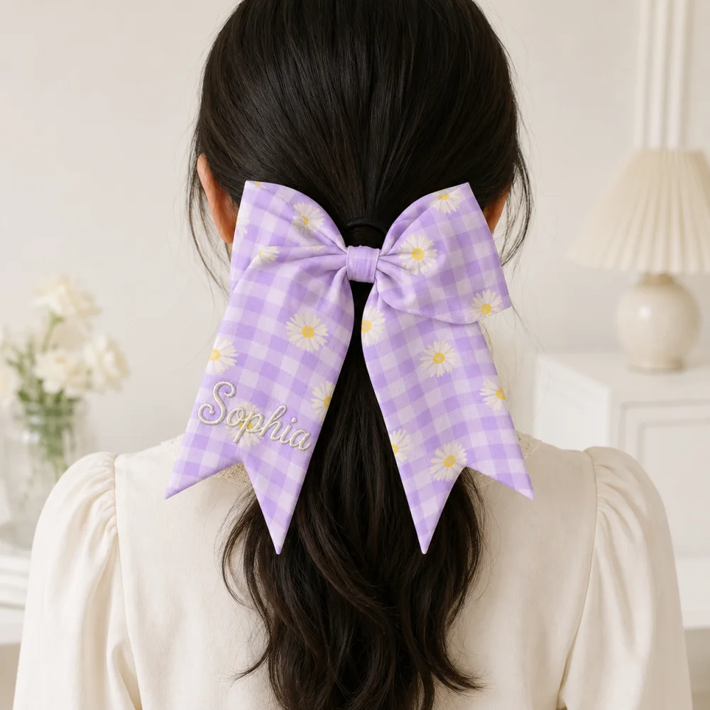 Personalized Embroidered Name Satin Hair Bow, Purple Gingham Daisy Print Hair Tie Scrunchie for Daily Wear & Birthday Present