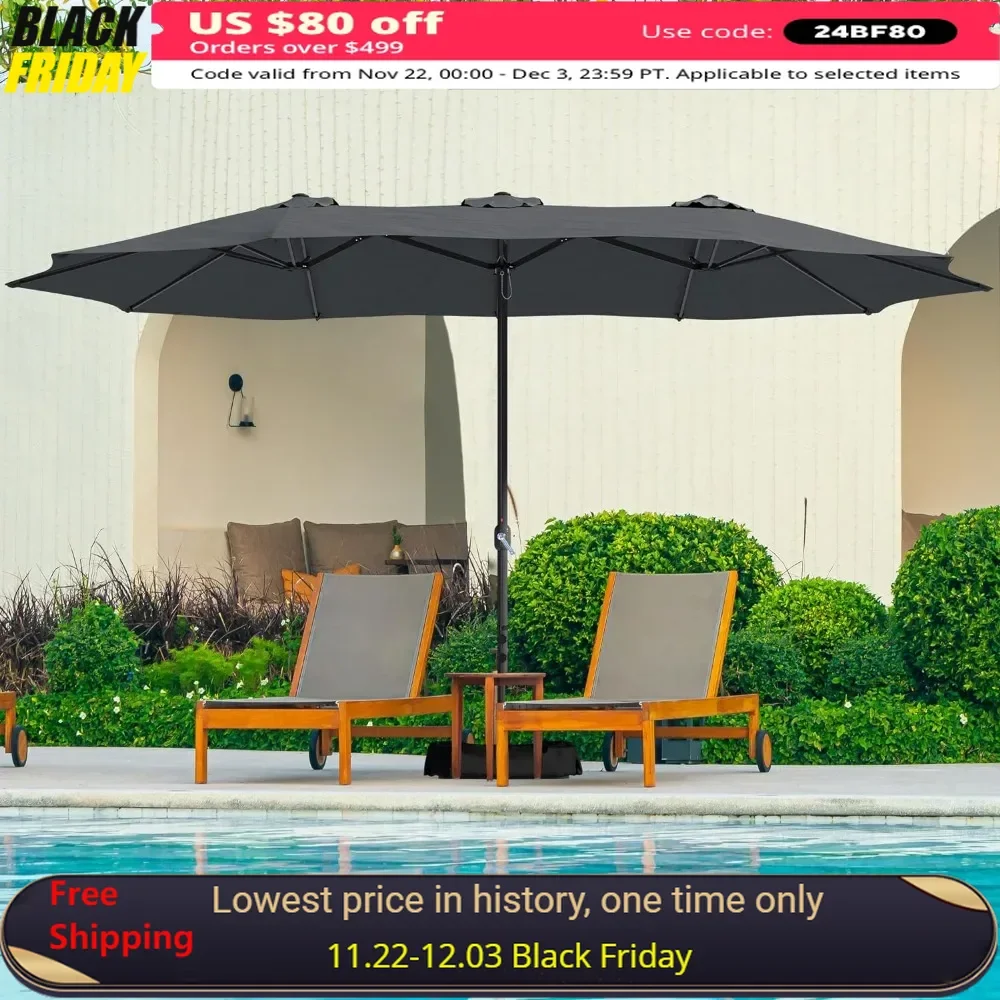 15ft Terrace Parasol with Base,rectangular Aluminum with Crank Handle,12 Bones,for Backyard, Large Double-sided Outdoor Parasol