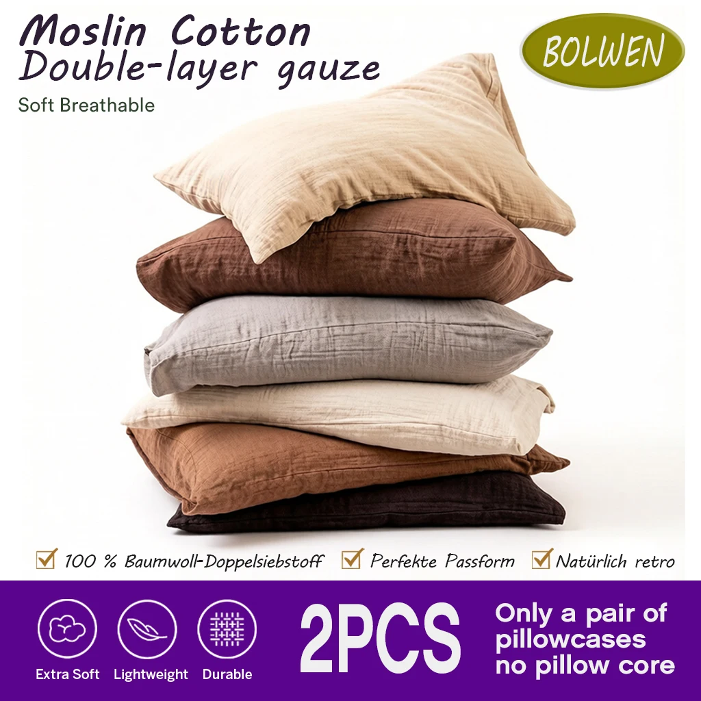 2pcs Cotton Double Layer Muslin Pillowcases Soft Breathable for Men Women Bedroom Four Seasons Use