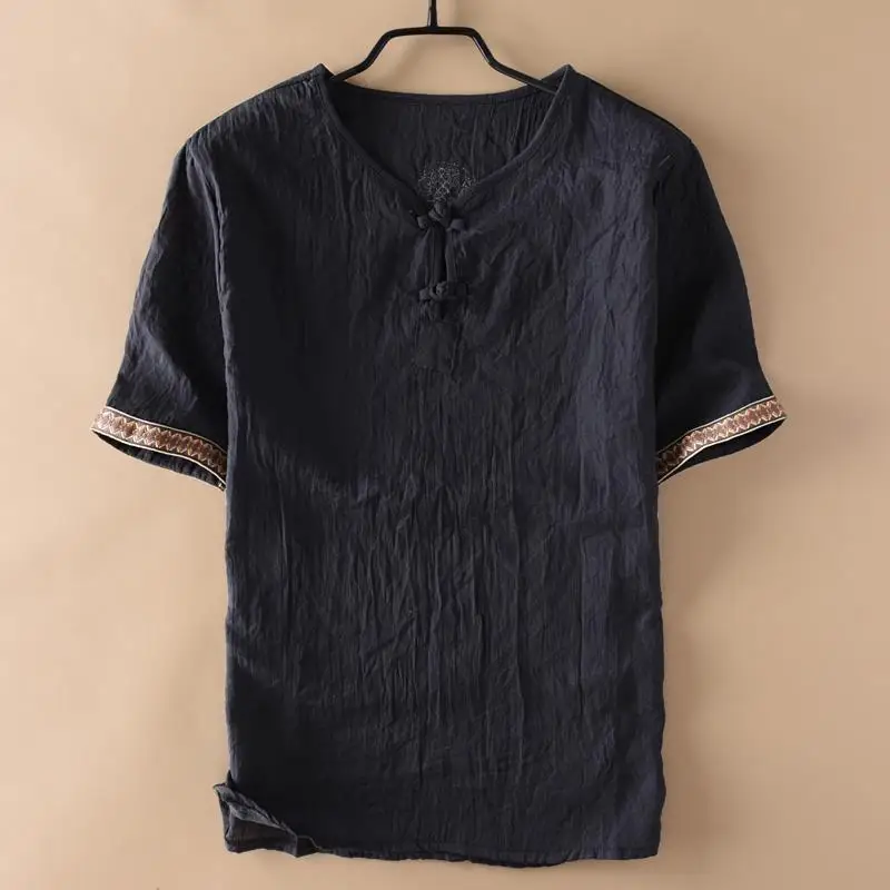 Men Chinese Style Vintage Printed Cotton Linen T Shirt Summer Male Casual V Neck Short Sleeve Breathable Tops Ropa Hombre M-5XL