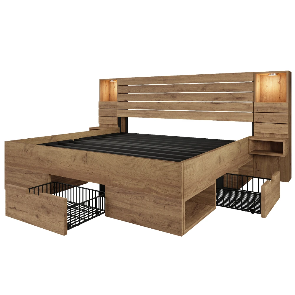 Houten bed met led-downlights en usb type-c, verlichte nis, zwevende nachtkastjes, opbergruimte onder het bed met laden (geen matras) - afbeelding 2
