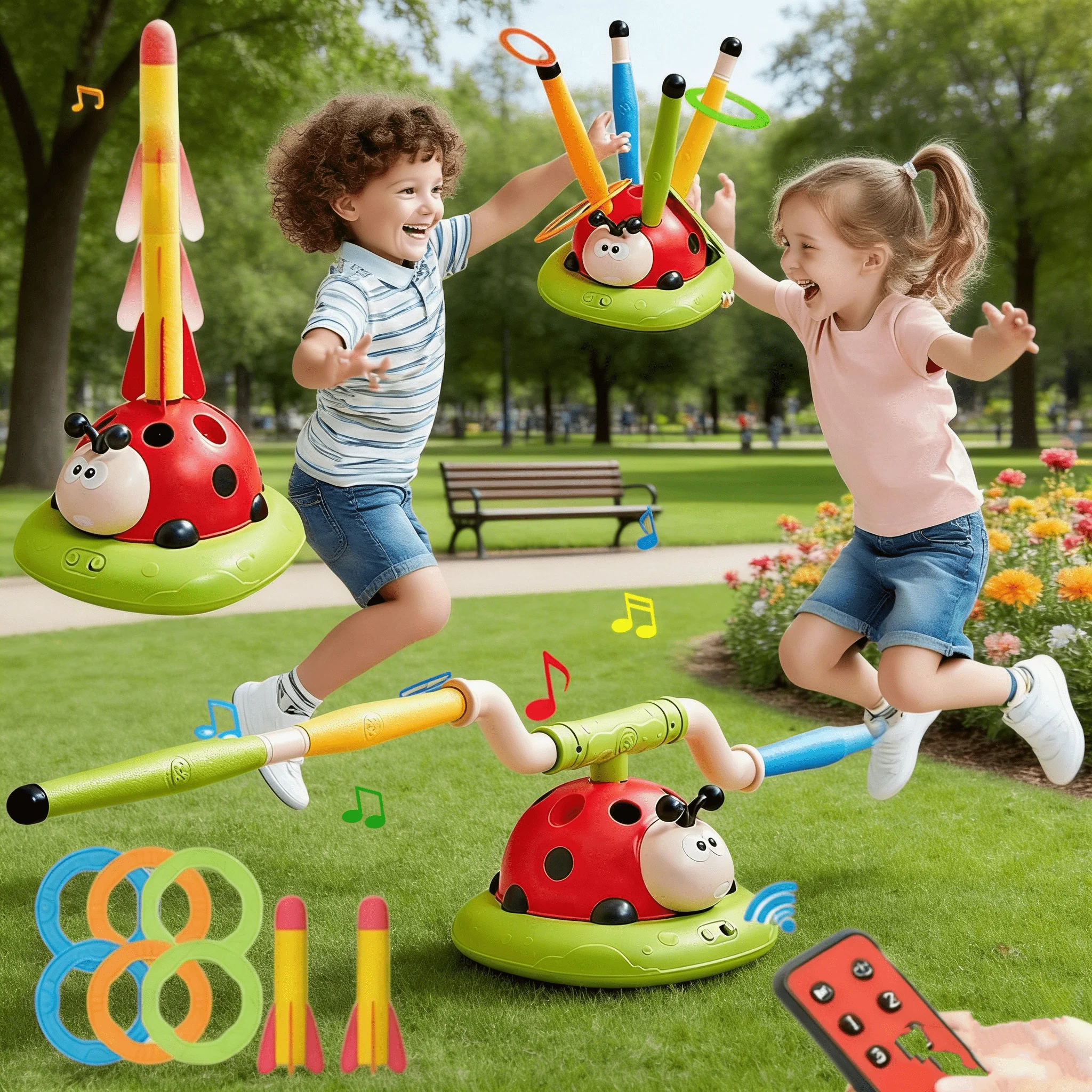 

Детская рождественская уличная игрушка 3-в-1 (дизайн в виде божьей коровки): ракетница, музыкальный прыжок и метание колец – лучший праздничный подарок для детей 3-8 лет и старше.