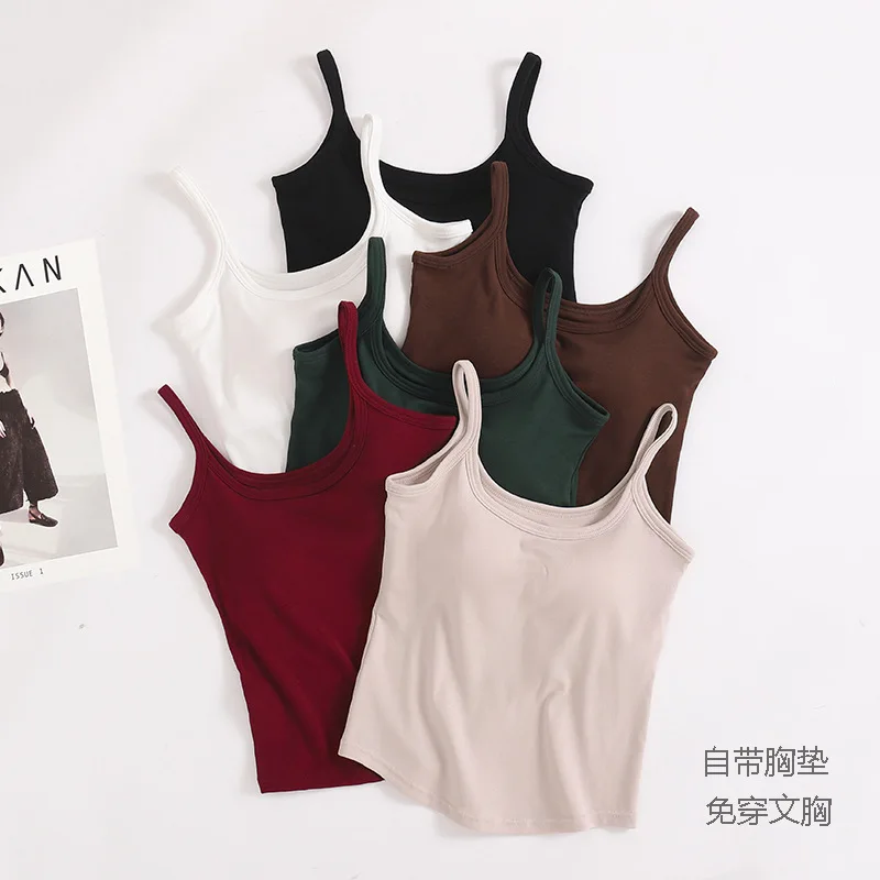 Cotton Sexy Sling Vest Fixed Chest Pad Women's Inner Outer Wear Underwear Top One Piece Sleepwear Pajamas T Shirt Sleeping Wear 3