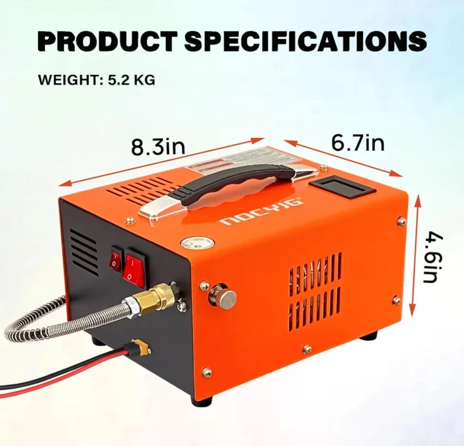 Pcp air compressor 4500PSI 300bar 30mpa portable Pcp compressor, 12V DC/110V AC Pcp manual stop, with external power adapter