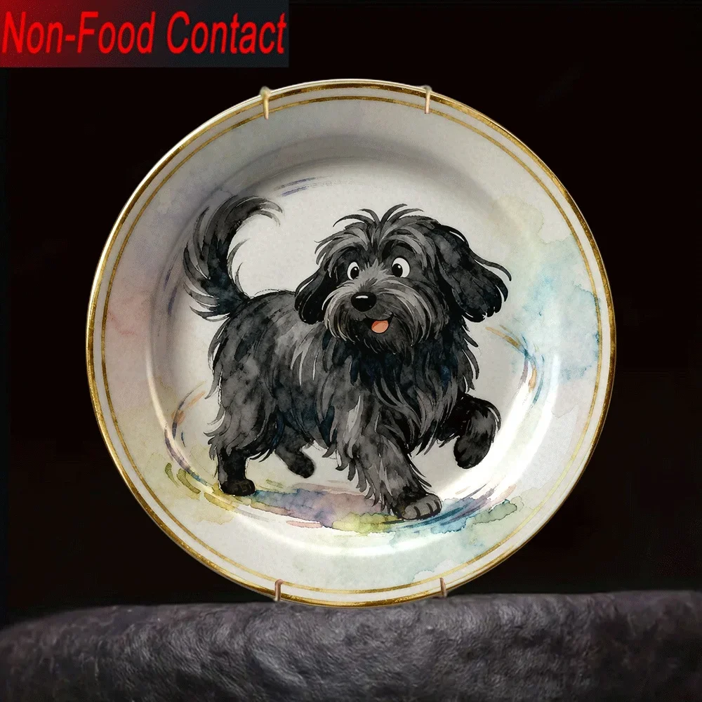 2D Flat, 1pc Ceramic Decorative Plate - Non-Food Contact, Cute Black Curly Dog Design, Classic Round Home Decor for Living