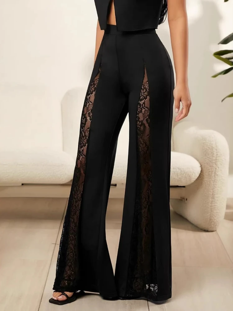 Neue Schwarze Sexy Spitzen-Transparente Hohle Hose, Locker Sitzende und Dünne Schlaghose, Damen Streetwear, Y2K-Hose