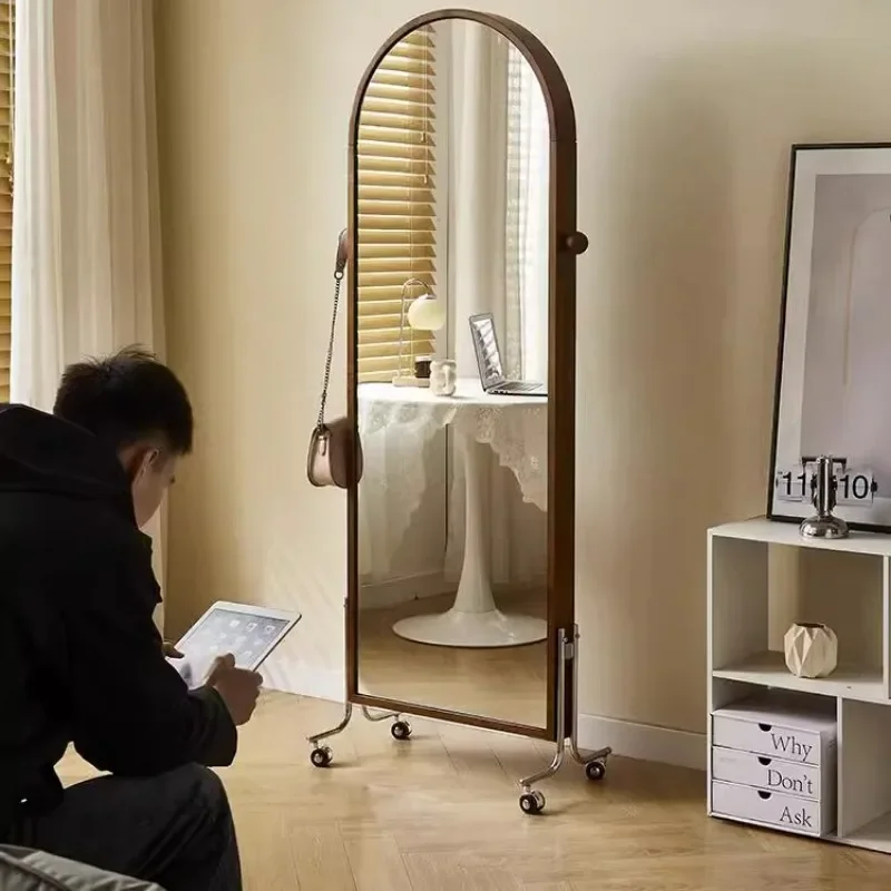 Cherry wood movable full-length mirror, solid wood floor-to-ceiling, household, full-body mirror, modern simplicity