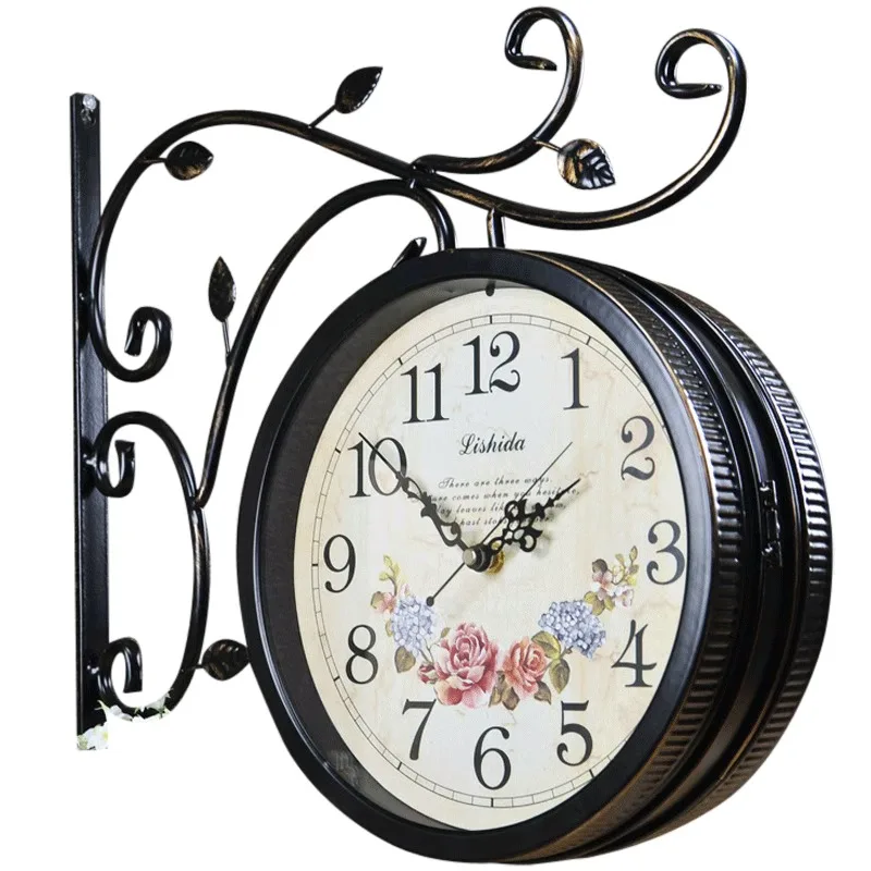 Retro decoration silent European double-sided clock American personalized clock wall  living room art  two-sided wall