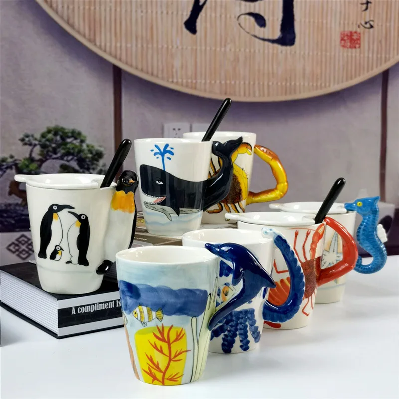 

Cute Cartoon Animal Ceramic Water Cup Sea Life Dolphin Lobster Crab Mug Panda Calf Creative Modern Cups Exquisite Decoration