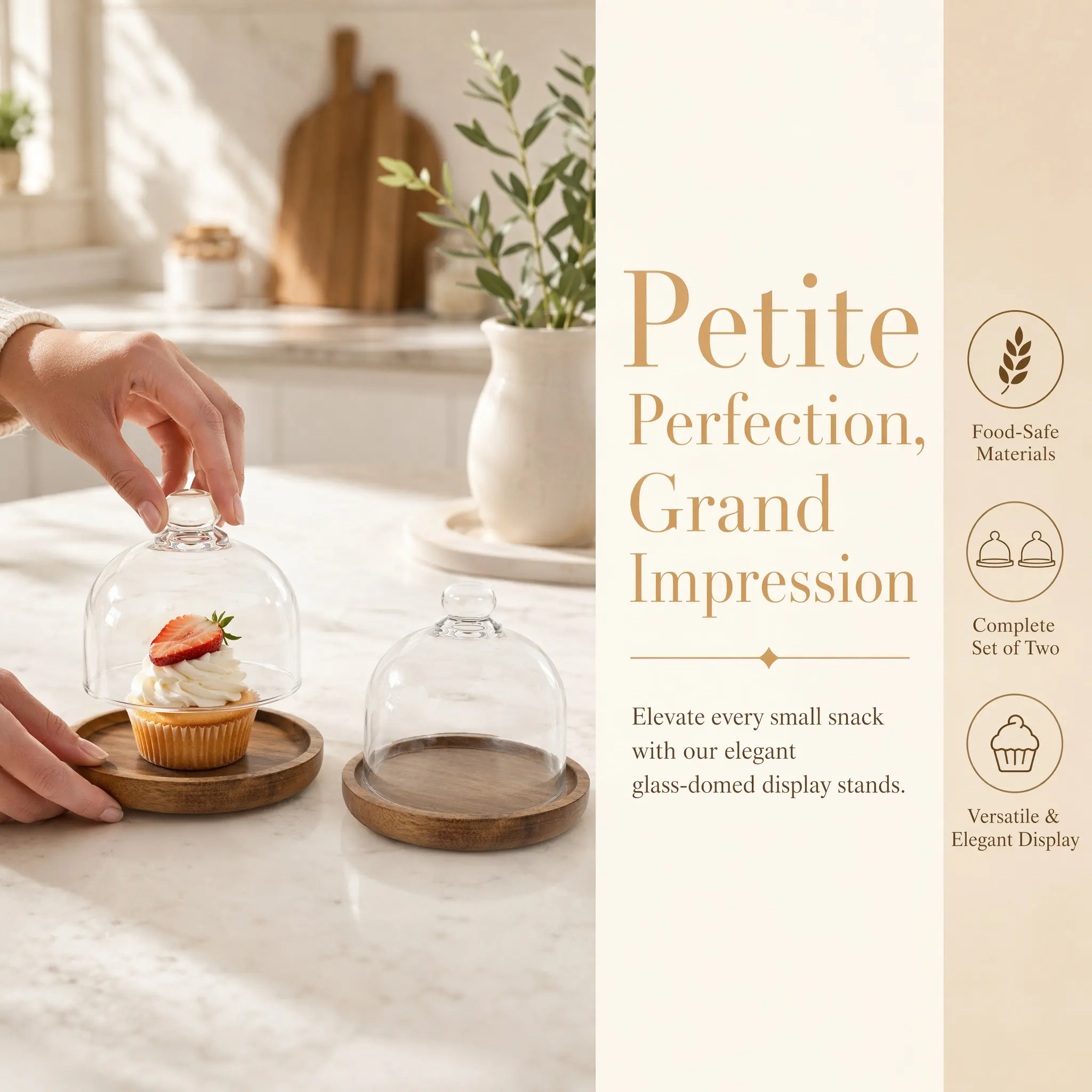 2Sets Premium Wooden Dessert Display Tray with Glass Cover for Cake Bread Fruit Serving Storage Party Wedding Shower