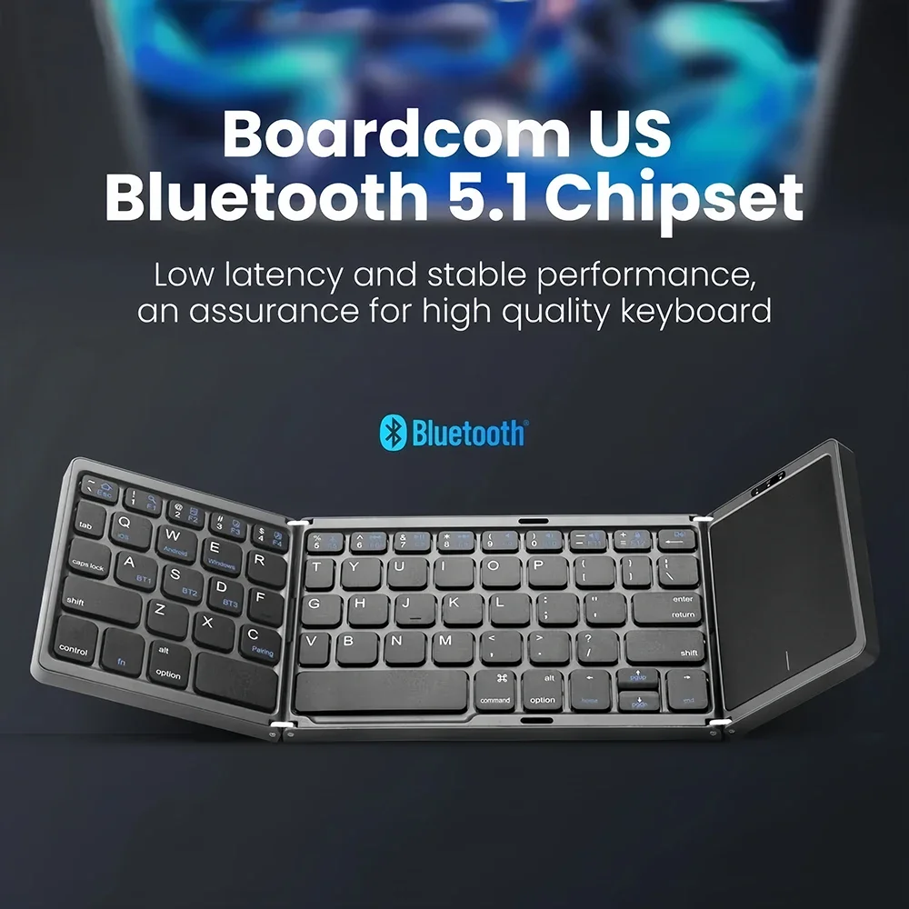 KEBIDUMEI Tri-fold Bluetooth Keyboard with Touchpad 3-Channel Multi-Device Rechargeable Mini Keyboard for iOS Android Windows
