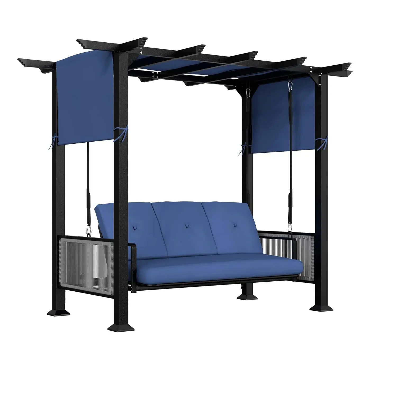 3-Seat Porch Swing, Outdoor Metal Pergola Swing Bed Hanging Cloud Swing Chair with Adjustable Curtains, Patio Hammock Swinging