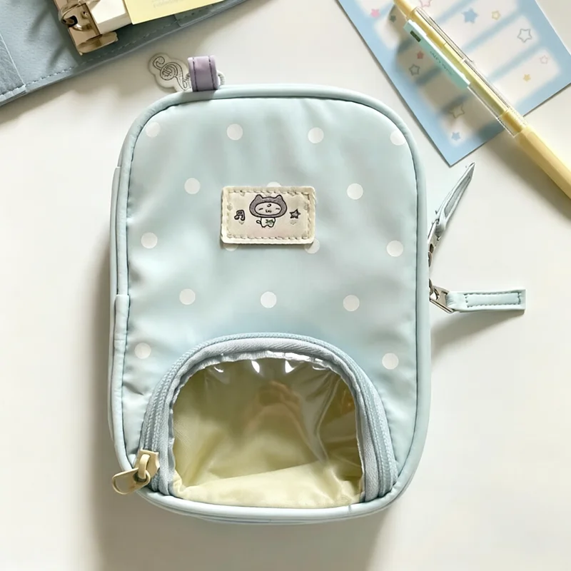 Cute Stationery Bag Dot Pattern Passport Storage Pouch Transparent Window Compact Travel Wallet Multipurpose Document Bag