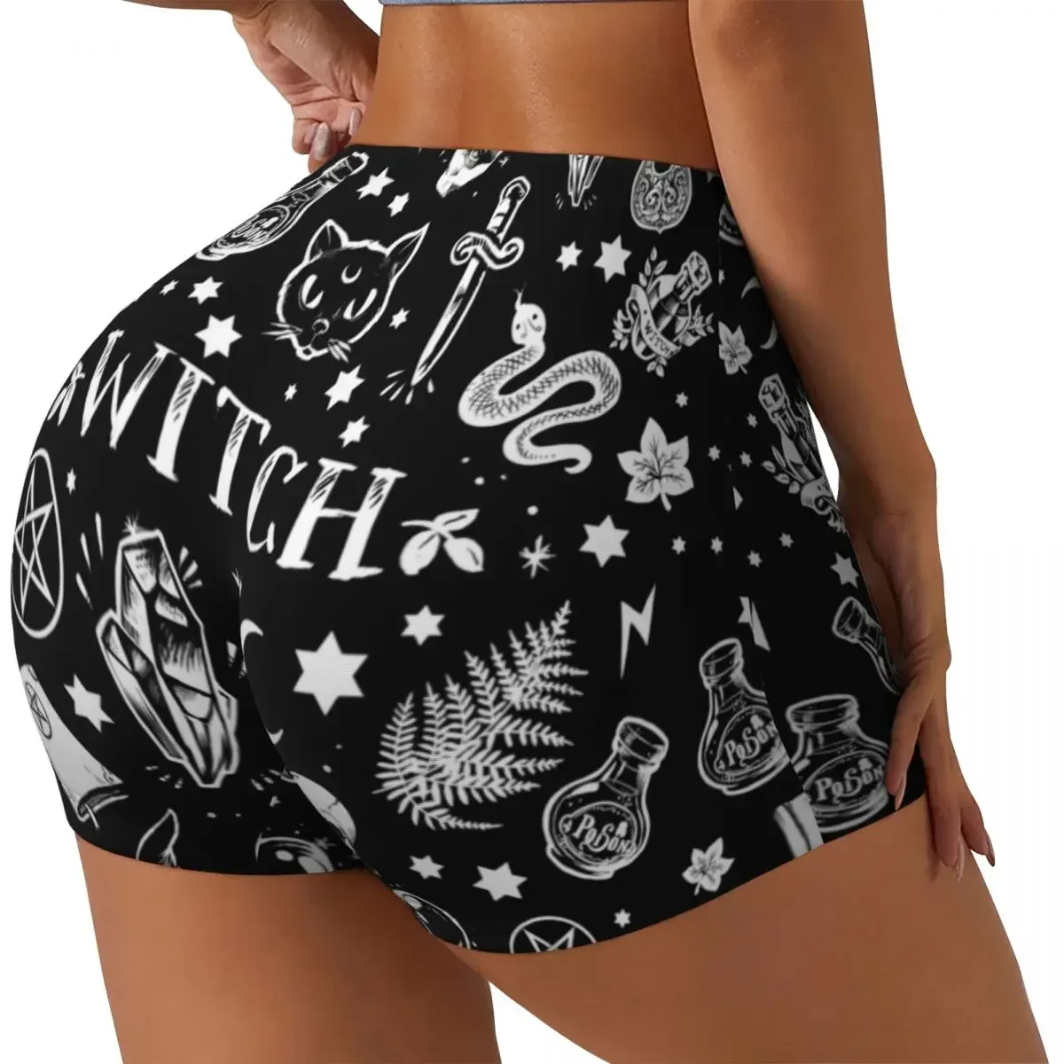 Custom Witch Pattern Volleyball Biker Gym Shorts Women's Halloween Occult Gothic Magic Athletic Workout Yoga Shorts