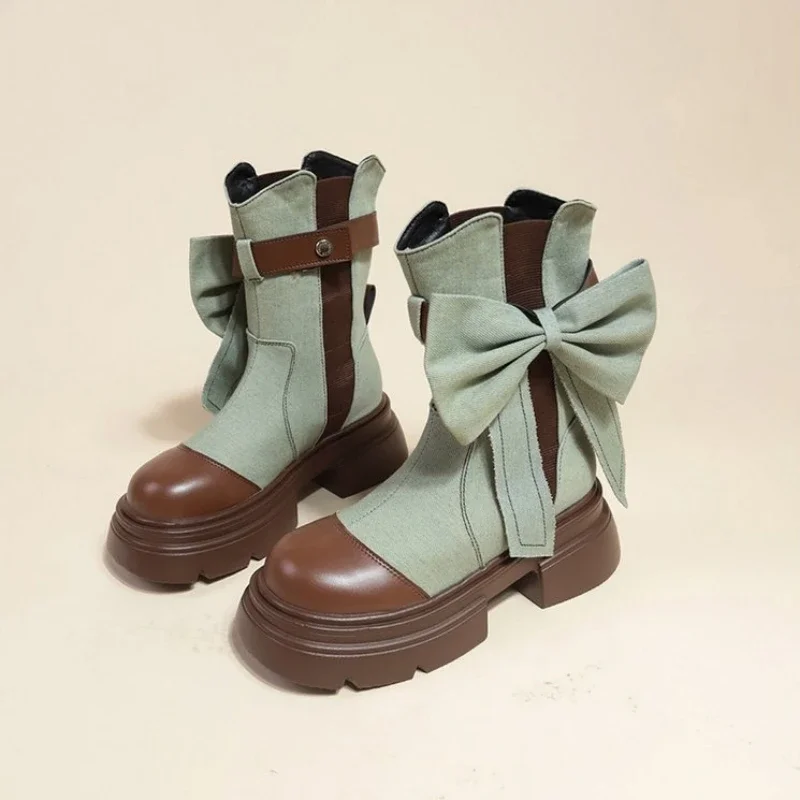 Bottes de rinçage à nœud papillon pour femmes, chaussons à enfiler pour dames, bottes de loisirs à plateforme, chaussures rondes, mode printemps et automne, nouveau