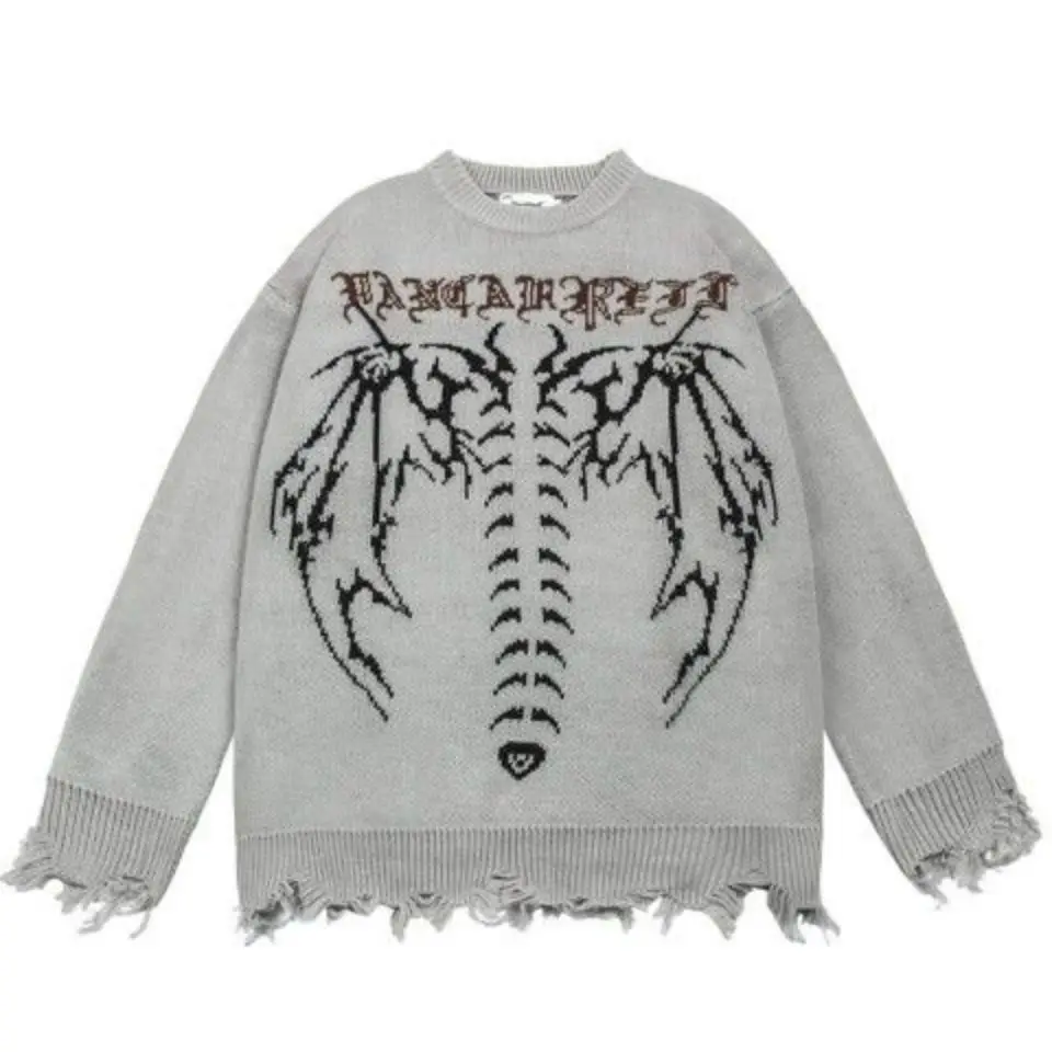 

High Street Dark Gothic Letter Jacquard Oversize Loose Sweater Men's and Women's Hip-Hop American Trendy Sweater Unisex Top