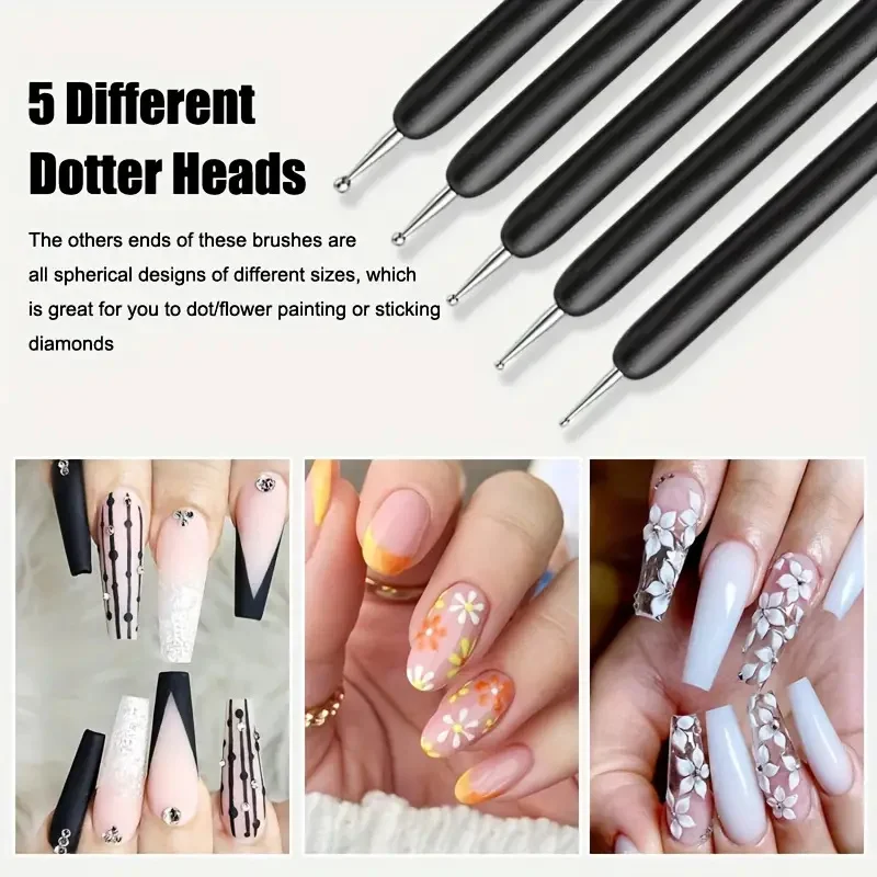 5-teiliges Nagelkunst-Pinsel-Set mit doppelseitigen Spitzen, 4/8/12/16/20 mm, ultradünne Linienpinsel für Gel-Nagellack, Nagelpunktierstift, Maniküre-Werkzeuge