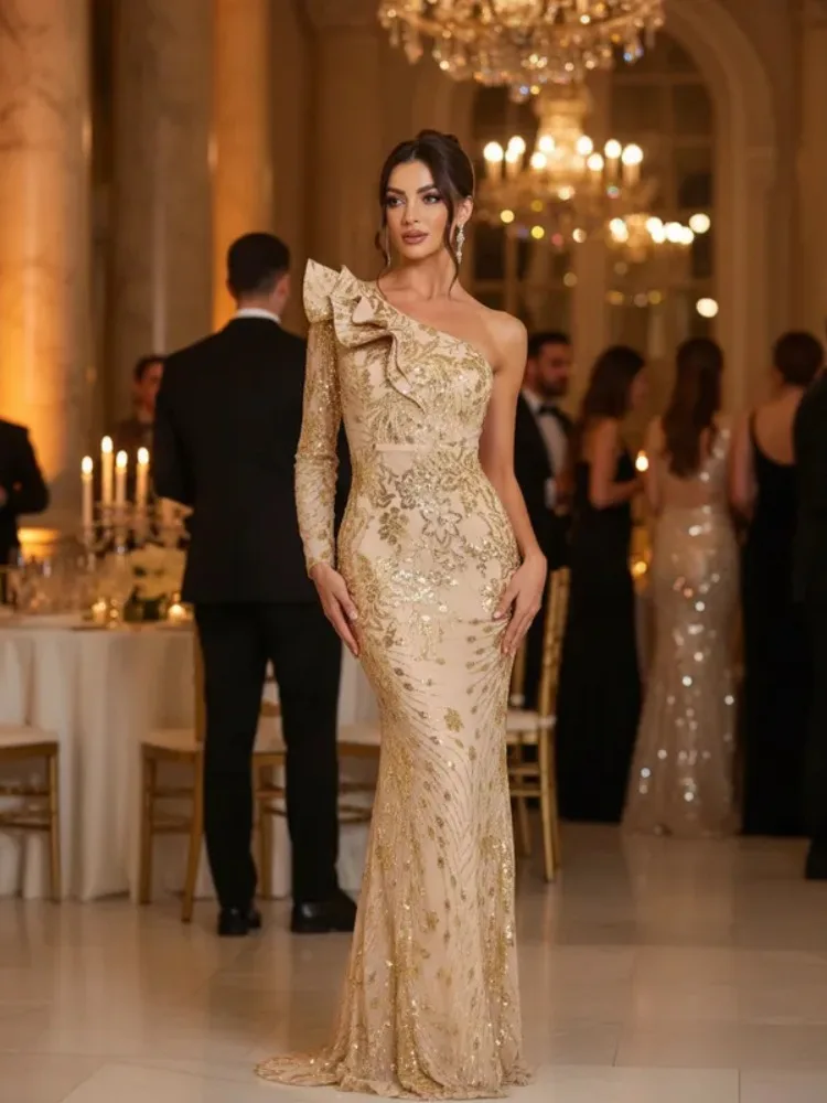 

Romagic Ruffles One Shoulder Flower Sequined Long Sleeve Evening Party Dress Gold Mermaid Maxi Graduation Prom Gown Dresses 2025
