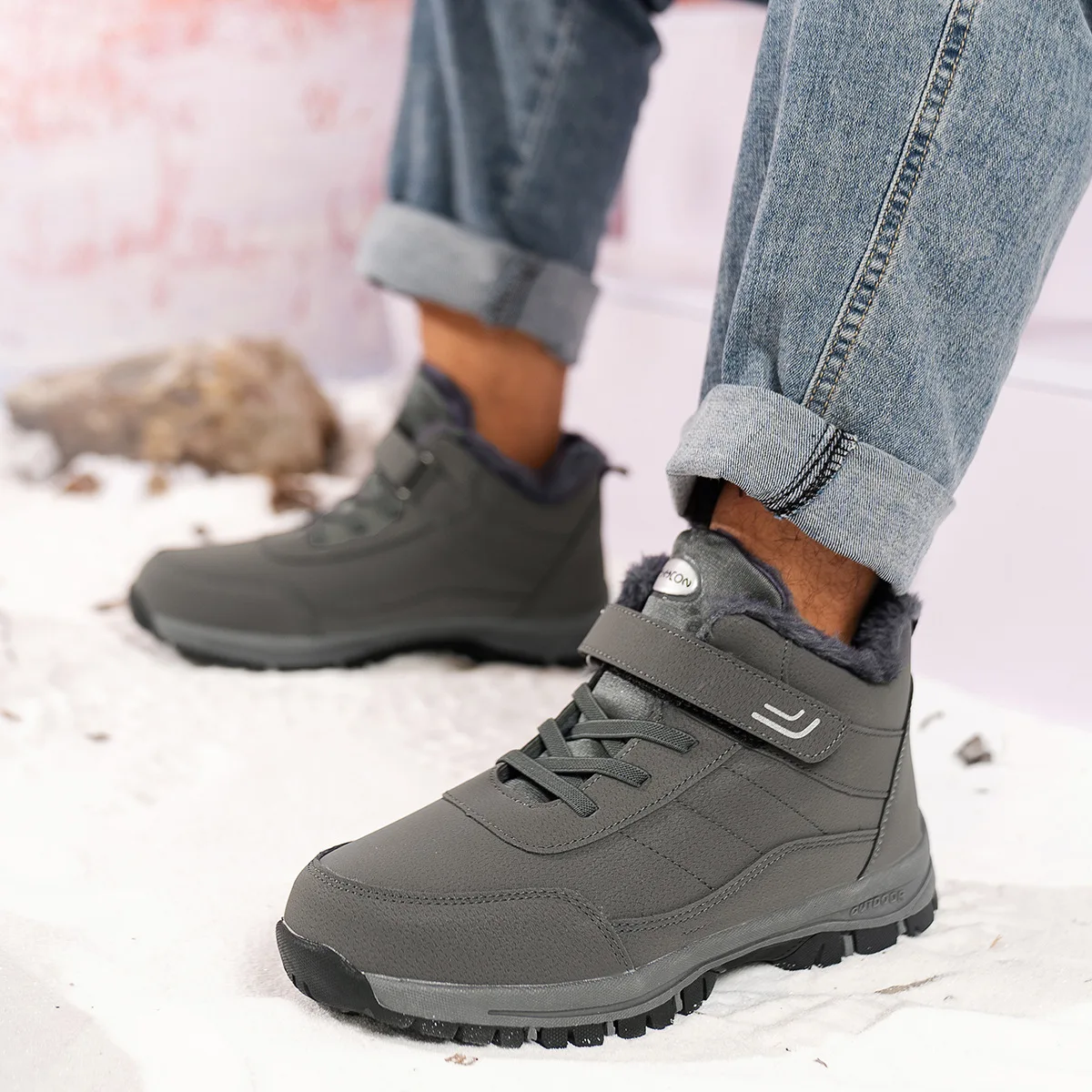 Damen-Knöchel-Winterstiefel aus PU, wasserabweisend, mit Plüschfutter, Klettverschluss, rutschfeste flache Sohle, warme Outdoor-Freizeitstiefel. – Detail 12