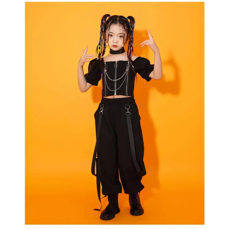 Kids Punk Streetwear Jazz Costume Girls Hip Hop Clothing Crop Top Cargo Pants Neck Mesh Skirt Sets Teenage Street Dance Clothes