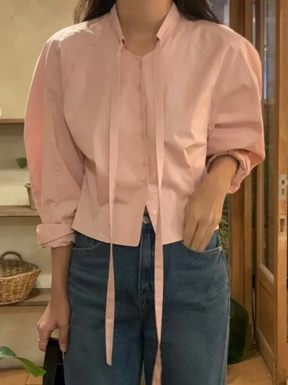 

Spring Autumn Pink Sa irt Regular Long Sve f High Collar Pure Color Design Sense Loose Fit Women's Premium irt