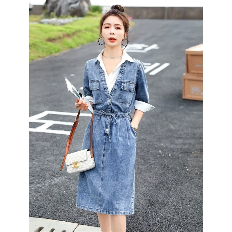 Women High-end Temperament Stitching Denim Dress Fake Two-piece 2023 Summer Female New Fashion age-reducing Medium Long Dress