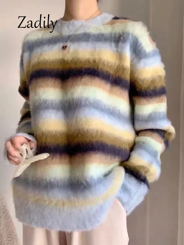 Zadily 2023 Winter Causla Long Sleeve Loose Women Striped Sweater Korea Style Mohair O Neck Knit Ladies Pullovers Warm Clothing