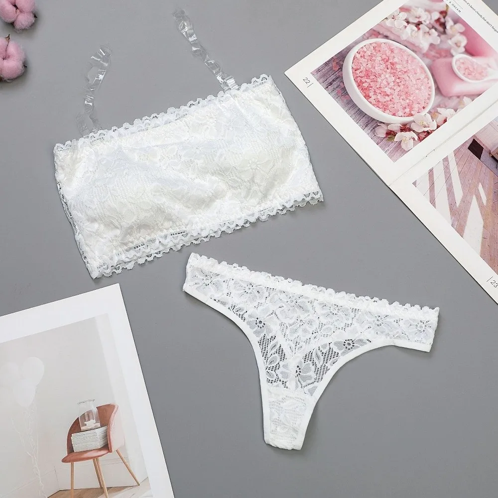 

Lace Sheer Flower Thong Bra Set Invisible Straps Low Waist Floral Panties Bra Kit Embroidery Hollow Underwear for Women