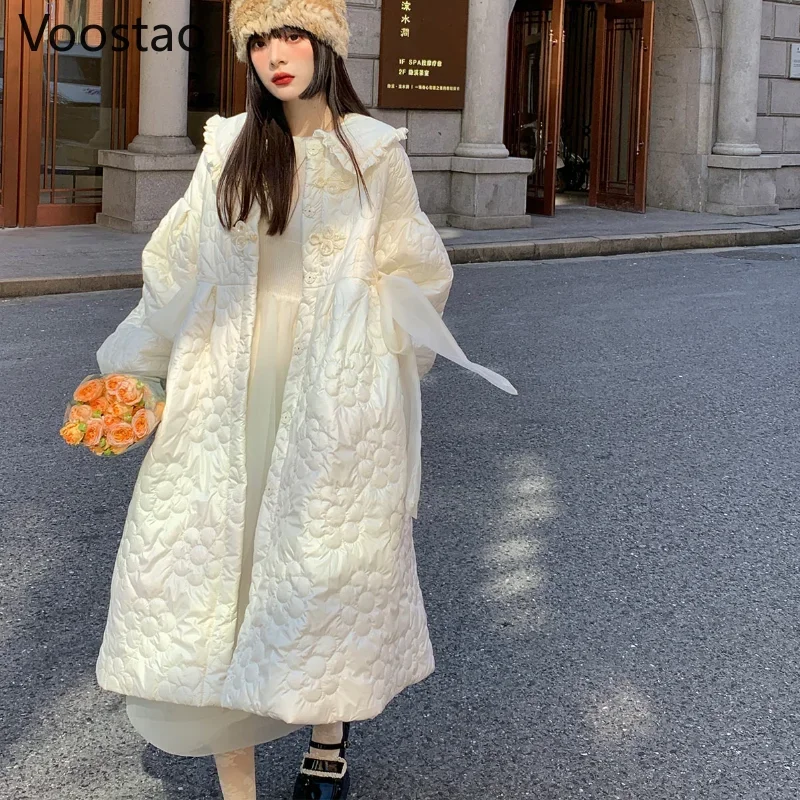 Winter Sweet Ruffles Peter Pan Collar Thicken Long Parkas Women Korean Kawaii Loose Cotton Padded Coats Female Lace Bow Outwear