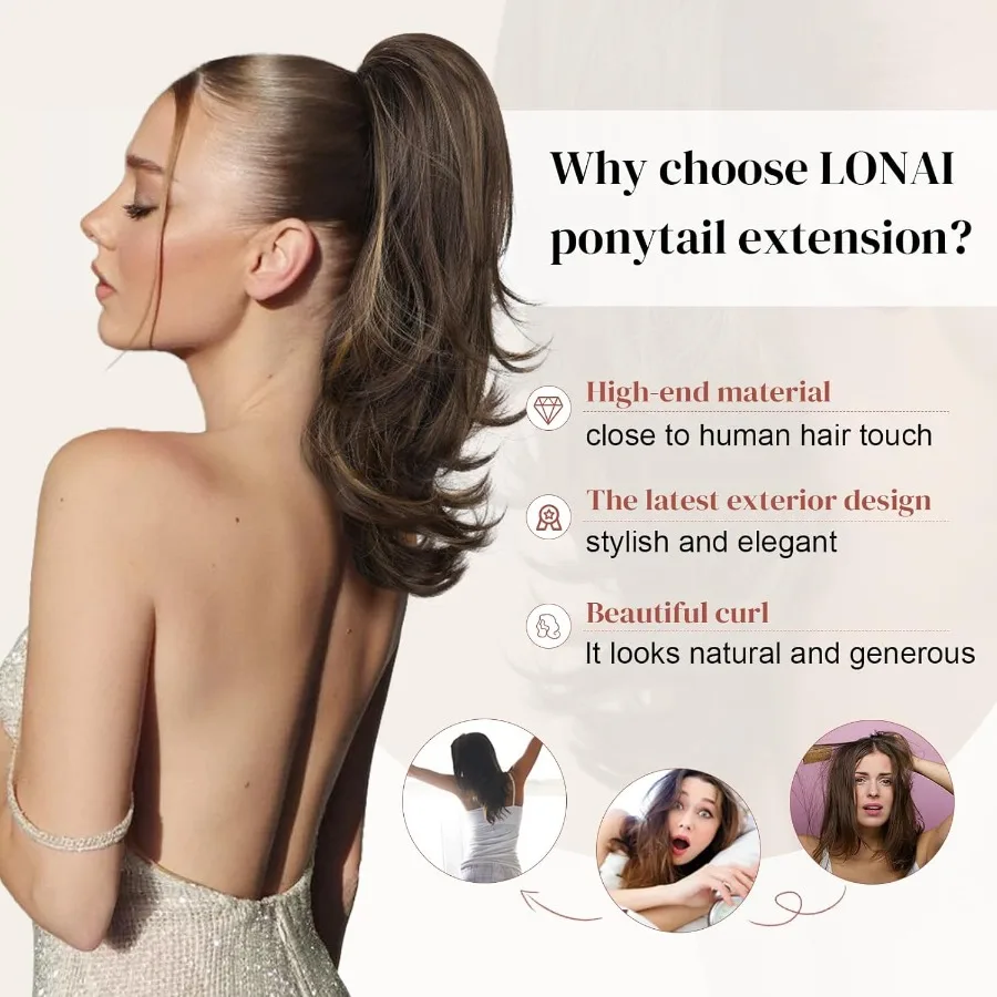 여성용 18인치 레이어드 웨이브 포니테일 헤어 익스텐션, 자연스러운 드로스트링 합성 헤어피스 (딥 브라운 및 블론드 톤)