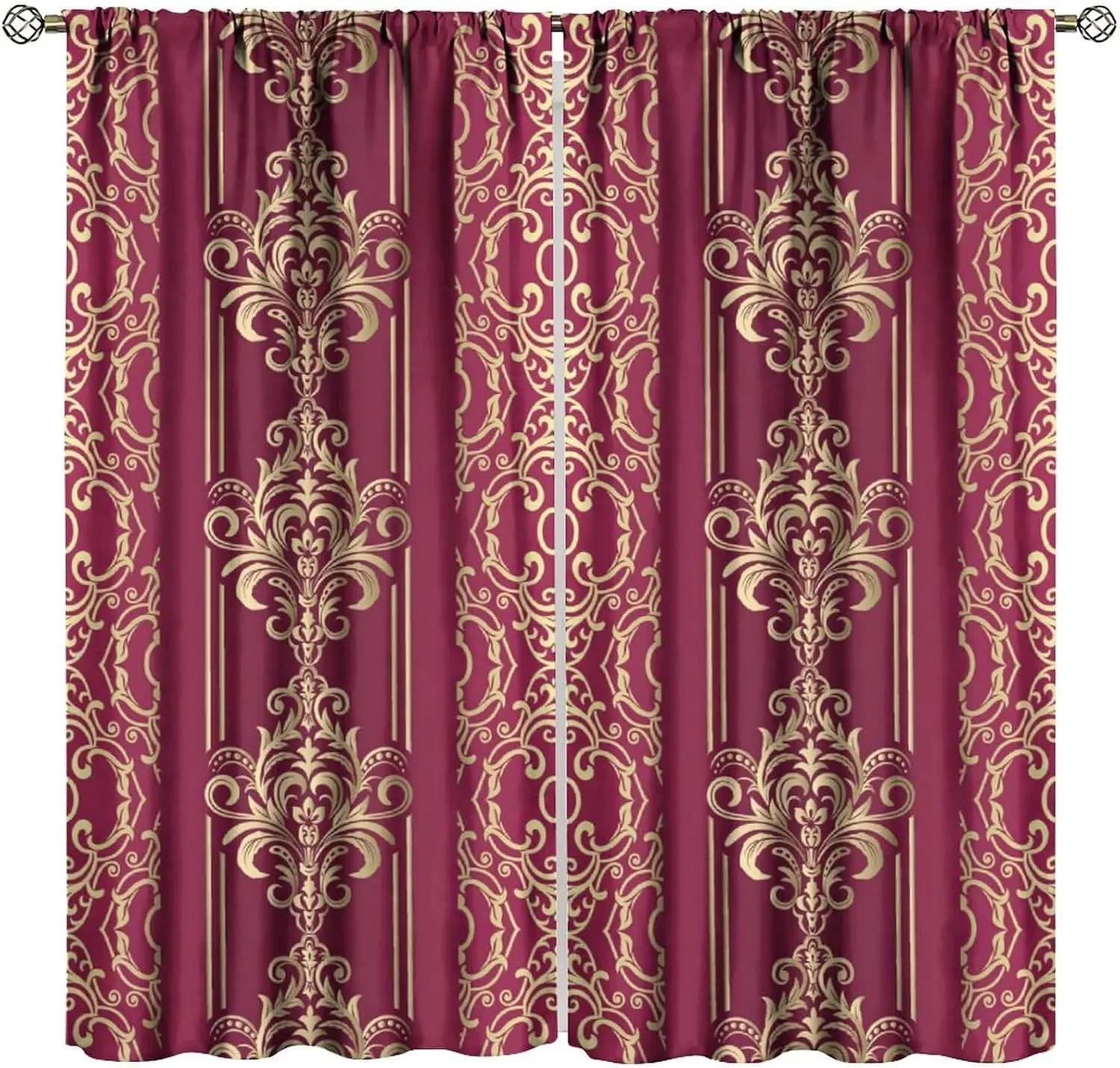Abstract Damask Blackout Window Curtains, Modern Red Gold Damask Medieval Gothic Floral Rod Pocket Window Drapes, for Kitchen