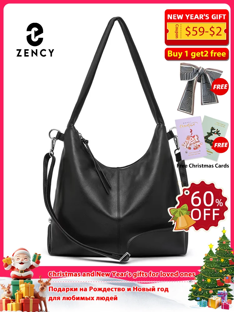 

Zency 100% Genuine Leather Fashion Women Shoulder Bag Retro Coffee Hobos Roomy Tote Handbag Crossbody Messenger Solid Black Sac