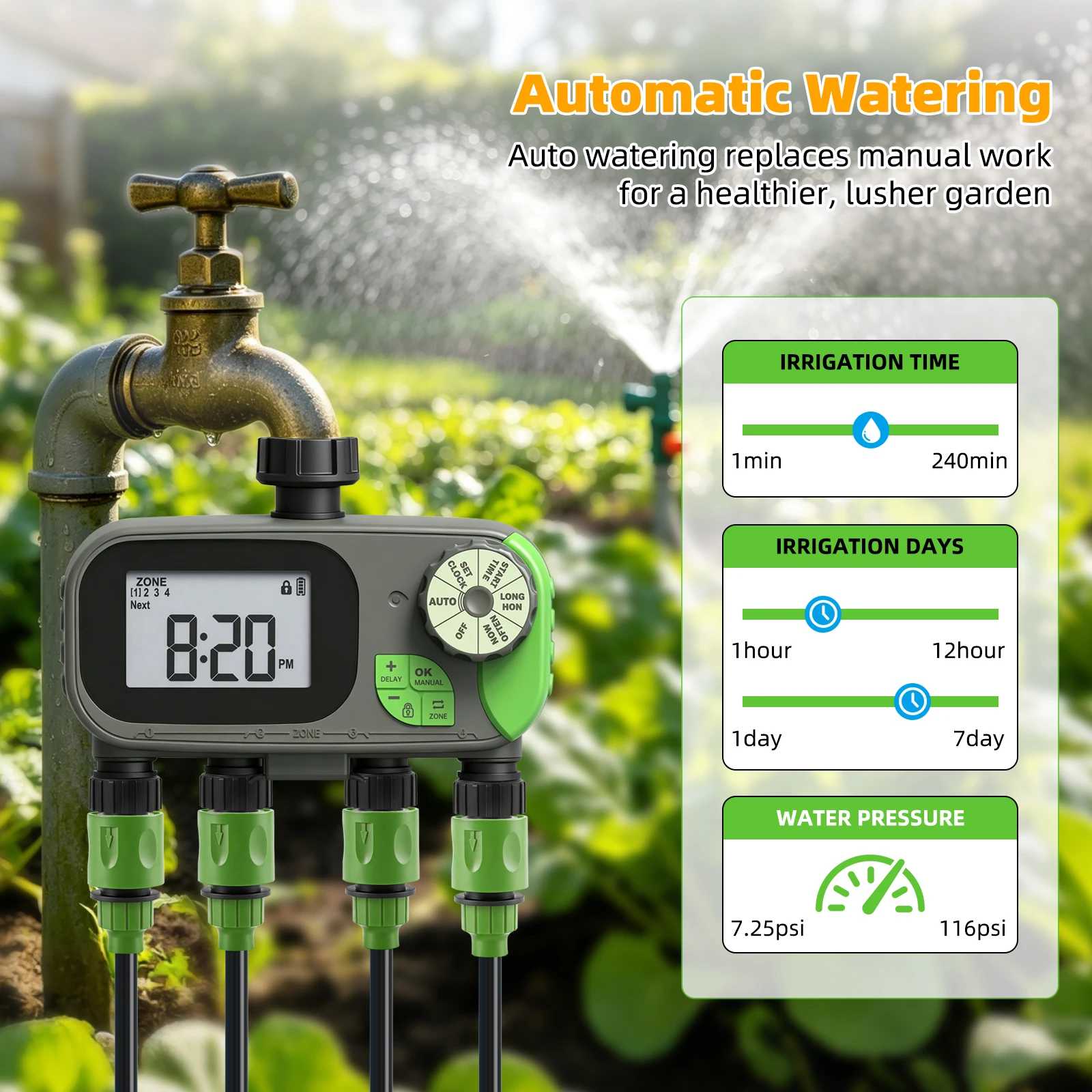 Yieryi 4 Zone Garden Watering Timer Smart Rain Delay Hose Faucet Timer IP54 Waterproof Automatic Sprinkler Irrigation Controller