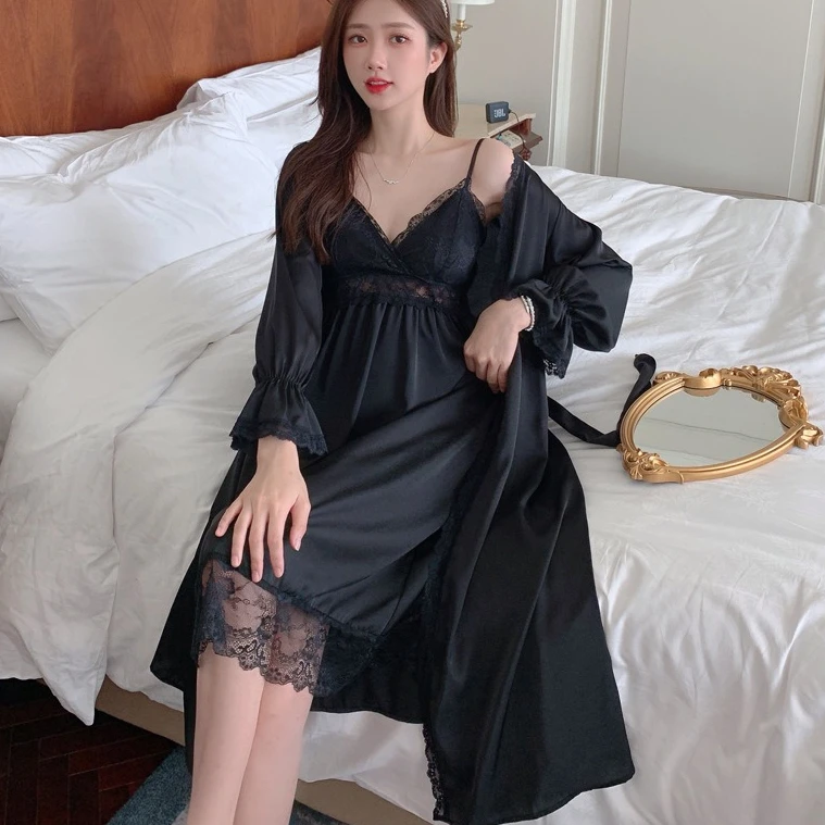 Two Piece Lace Robe Gown Set Women Nightgown Kimono Suit Sleepwear Lingerie Summer Silky Satin Bathrobe Nightdress Homewear