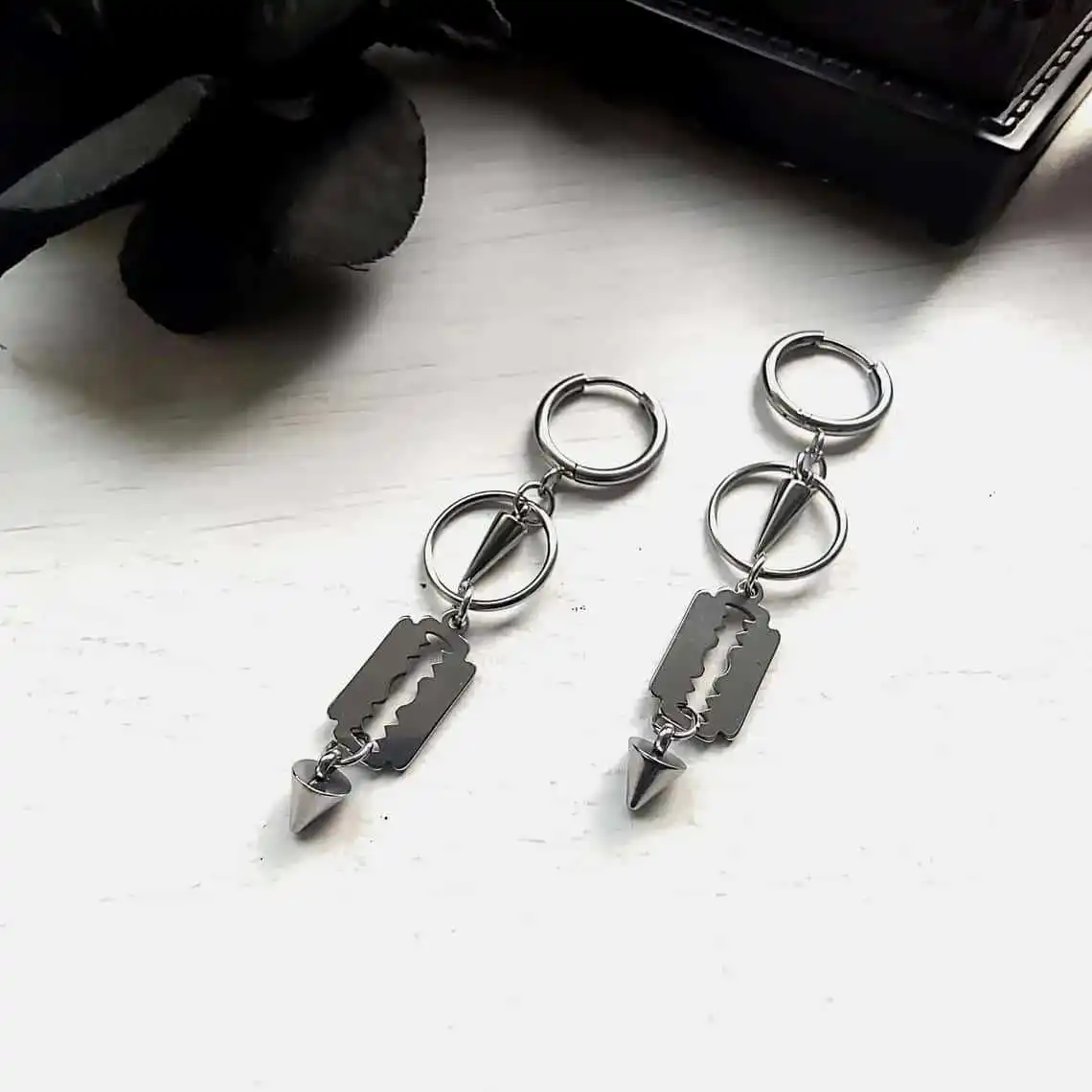 Razor Blade Earrings with Spikes, Goth Earrings, Huggie Earrings, Emo Alternative Special Jewelry Y2k Jewelry Witch