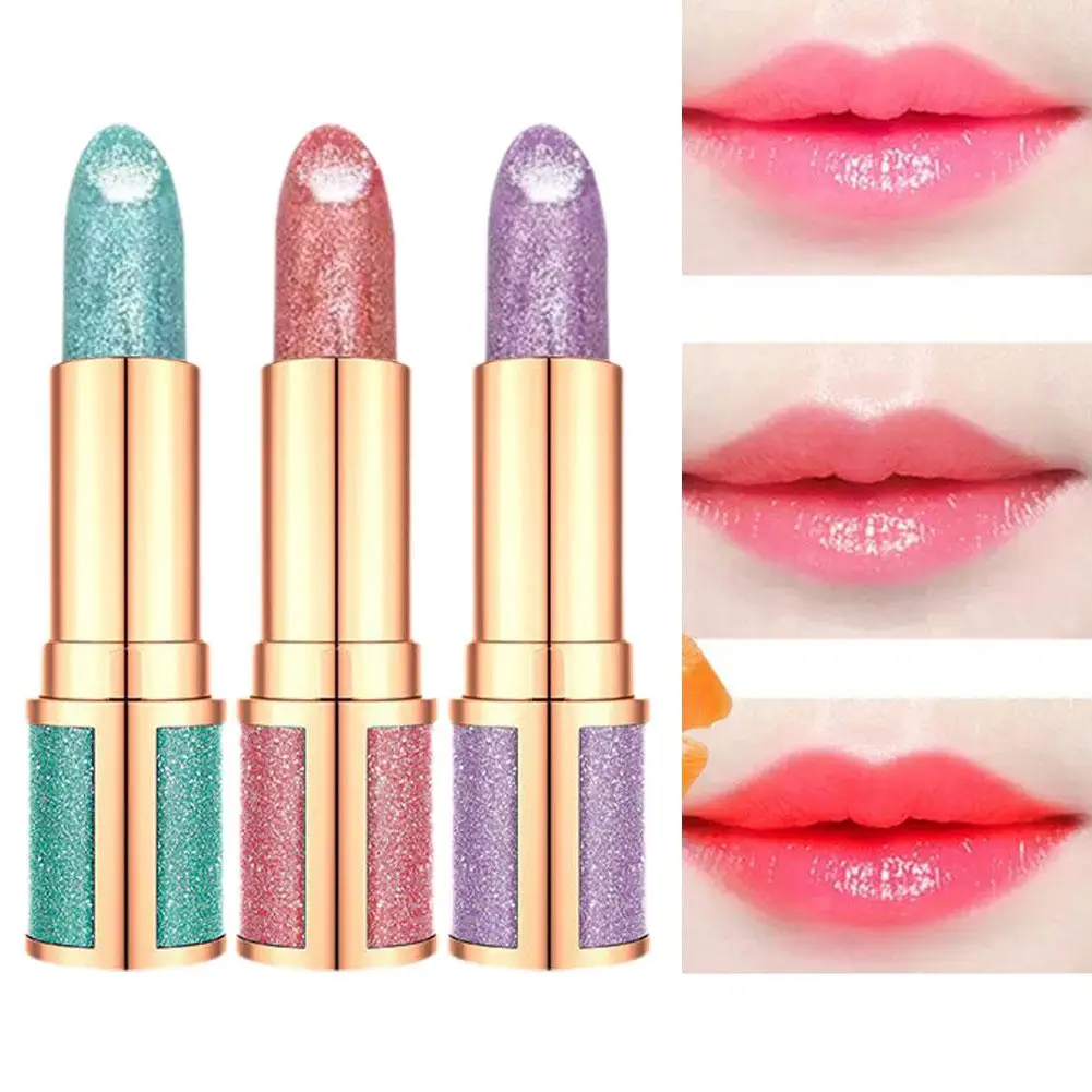 

3Colors Glitter Lipstick Temperature Changing Color Long Nude Lasting Gloss Moisturizing Waterproof Lipstick Lip Makeup N8F4