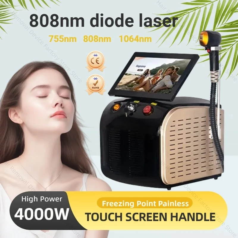 808nm ديود آلة إزالة الشعر بالليزر 4000 واط جهاز إزالة الشعر ثلاثة الطول الموجي جهاز التيتانيوم الجليدي إزالة الشعر غير مؤلم