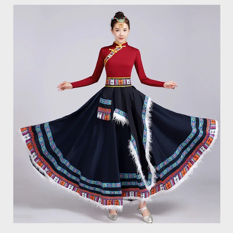 Mongolian National Tibetan Dress Modern Minority Performance Costume Traditional Folk Stage DanceWear Tibetan Outfit Long Skirts