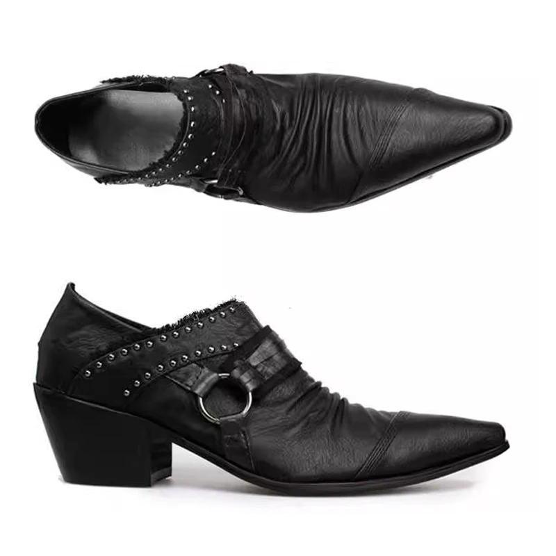 

Men's Black Pointed Toe Studded Chunky Heels Leather Shoes 2026 Slip-On Buckle Design Pleated Casual Party Dress Loafers